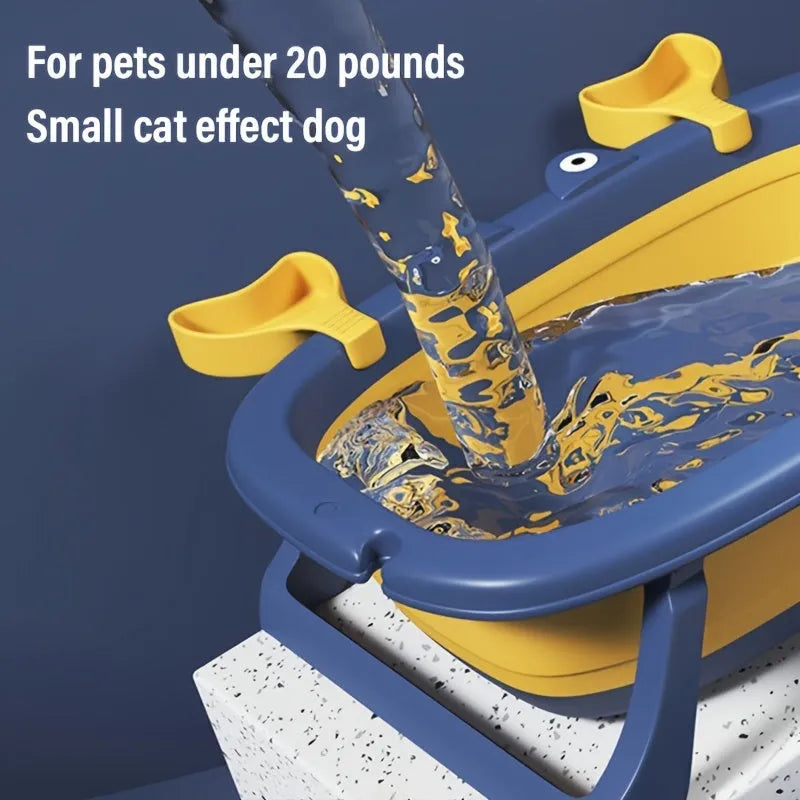 Blue foldable portable pet tub for small dogs and cats, shown with dimensions.