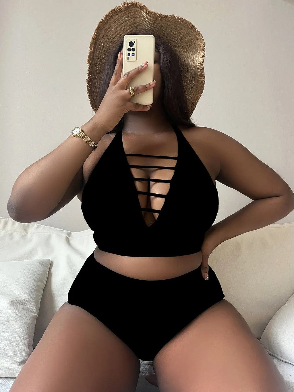 Plus size halter bikini with adjustable cross shoulder straps and high waist briefs in solid colour
