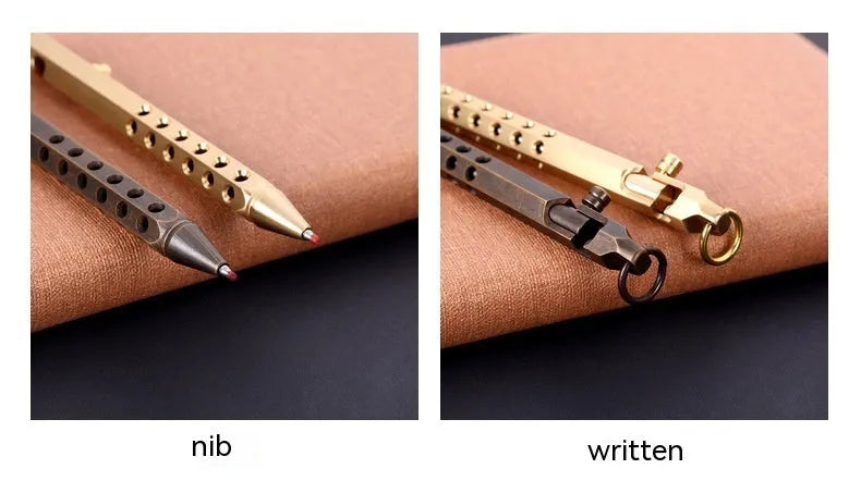 Brass hexagonal bolt pen with 0.5mm tip showing hexagonal profile and signature roller mechanism