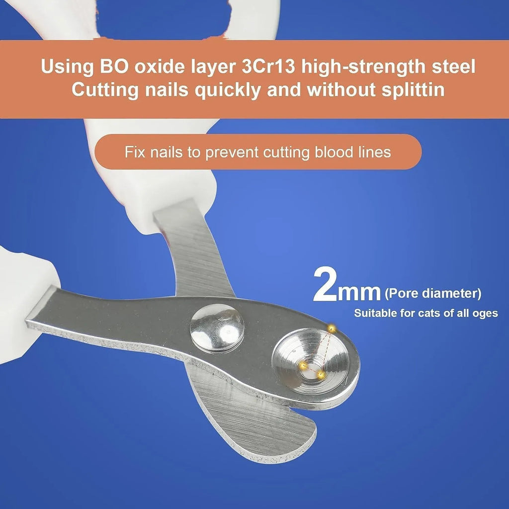 Blue cat nail clippers with a circular guard hole and cushioned non-slip handles on a white background.