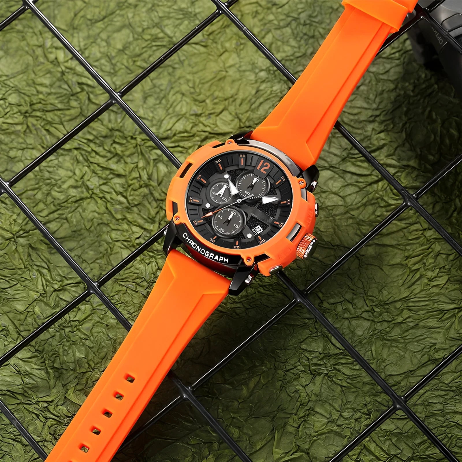 Men's black waterproof quartz watch with 51mm case showing calendar display and night light function