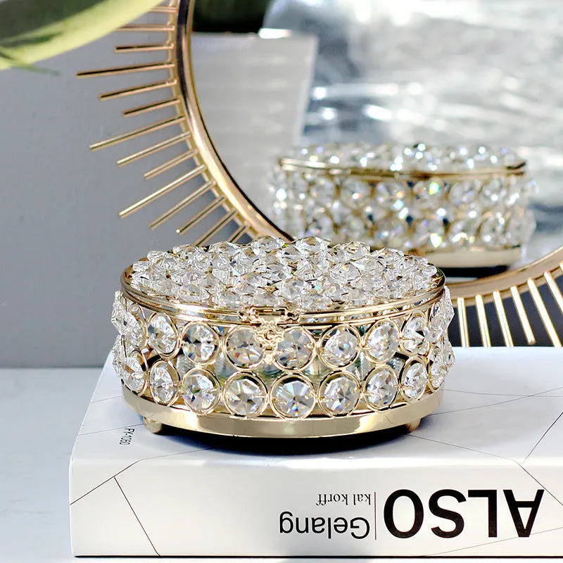 French gold metal jewelry box with transparent crystal glass lid for visible storage