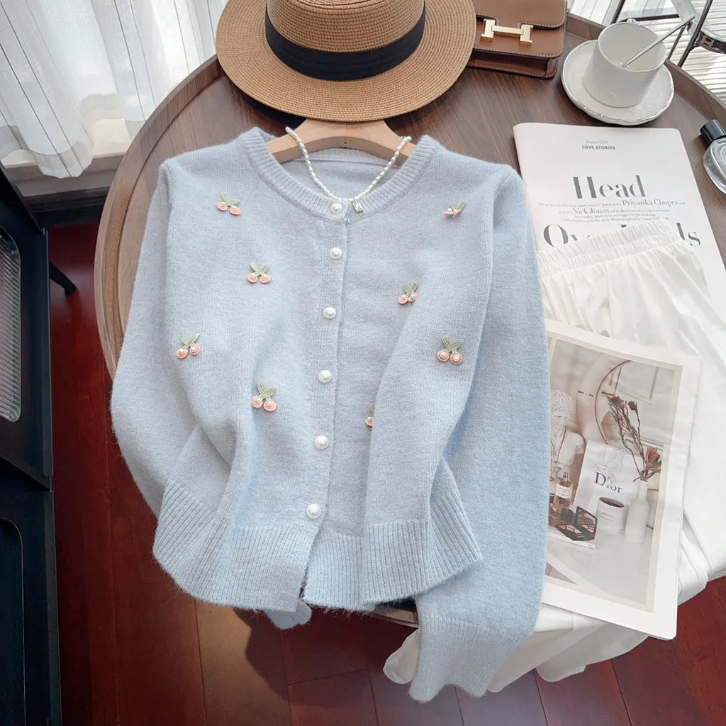 French sweet soft cardigan coat with bead embellishments in blue, pink, red or white colours
