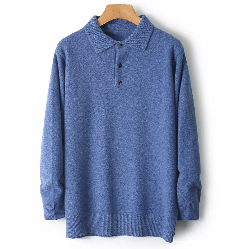 Men's woolen pullover sweater with a polo collar, shown in one of seven available colours.