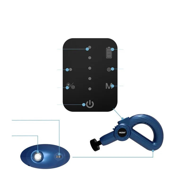 Black smart muscle massage gun with multiple attachments for hot and cold compress therapy