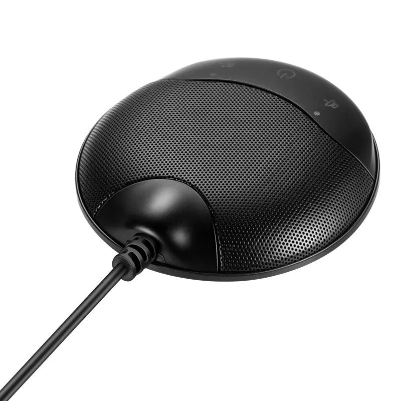 Black USB condenser microphone for conference and recording with 9x9x1.7cm desktop dimensions