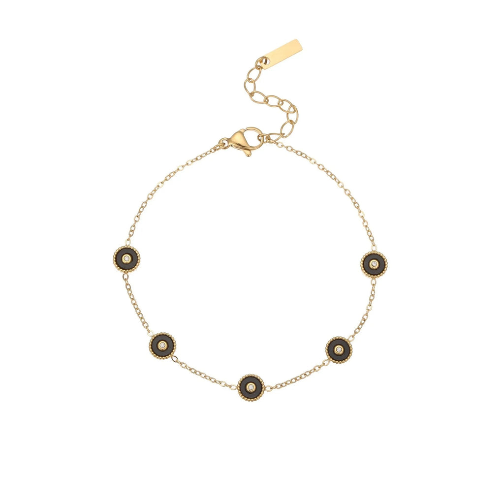 Women's stainless steel bracelet and necklace set with 18K gold plating and geometric design.