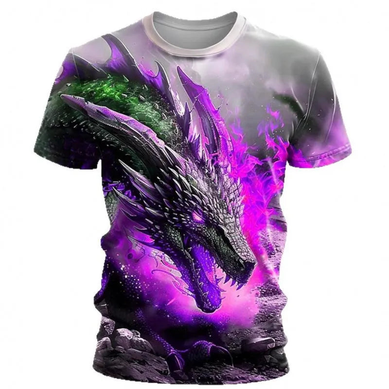Men's grey T-shirt with 3D printed wind dragon design, short sleeves, and pullover style