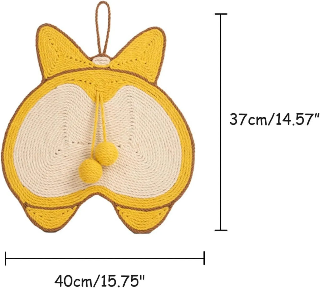 Yellow corgi-butt design sisal cat scratching pad with anti-slip base, shown with adhesive hooks.