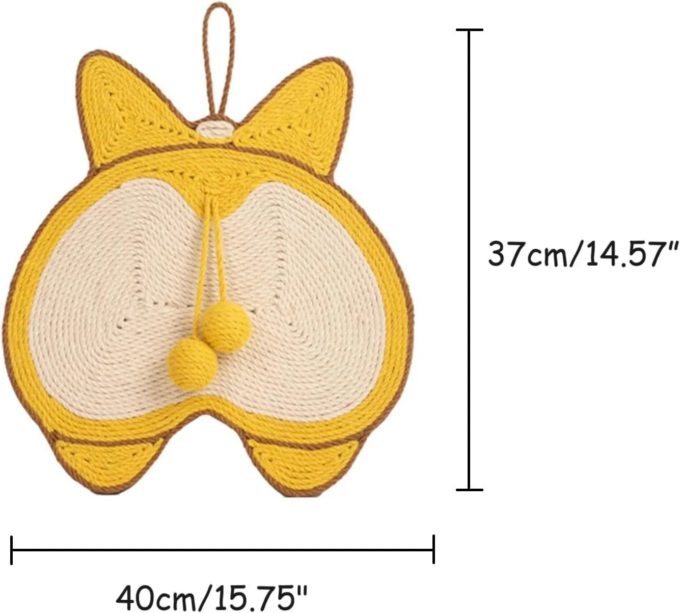 Yellow corgi-butt design sisal cat scratching pad with anti-slip base, shown with adhesive hooks.