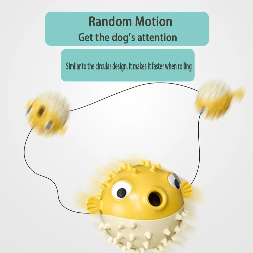 Green fish-shaped interactive dog toy with treat dispensing opening and textured surface for dental cleaning