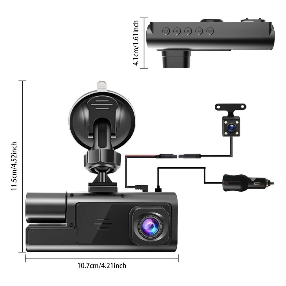 Wi-Fi enabled car dash cam with 2-inch screen on a windscreen, showing a rear-view reversing camera image.