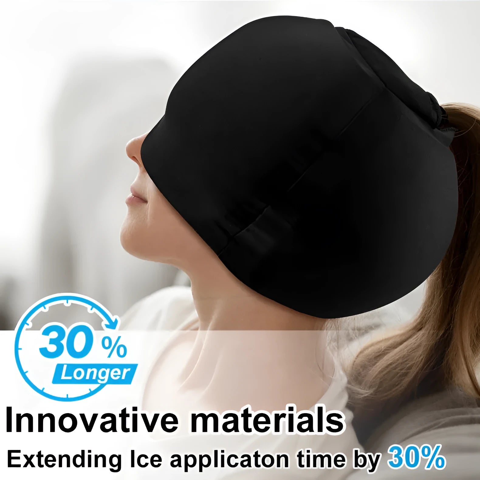 Simple solid colour cold compress headache cap shown in black, pink, and dark blue.