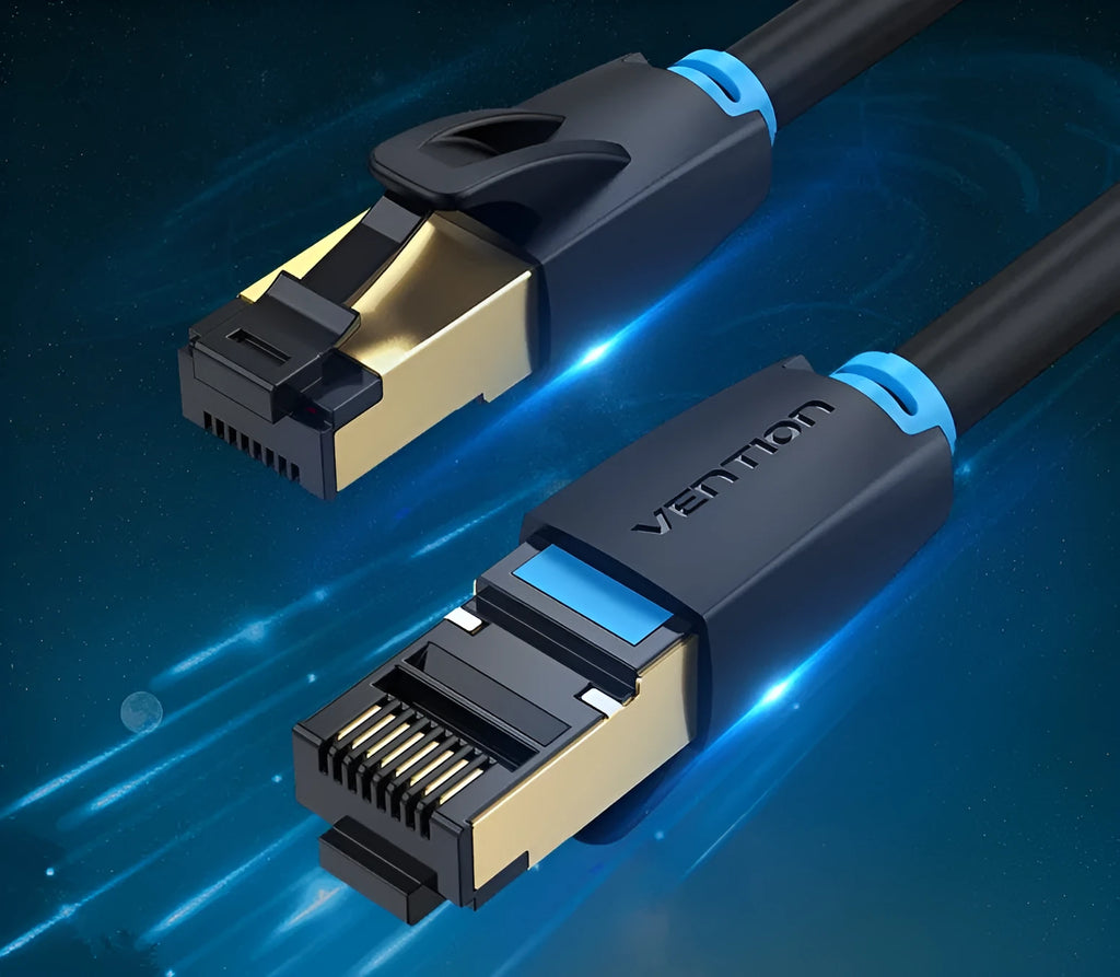 Shielded Cat8 Ethernet network cable with RJ45 connectors in flat and round style options.