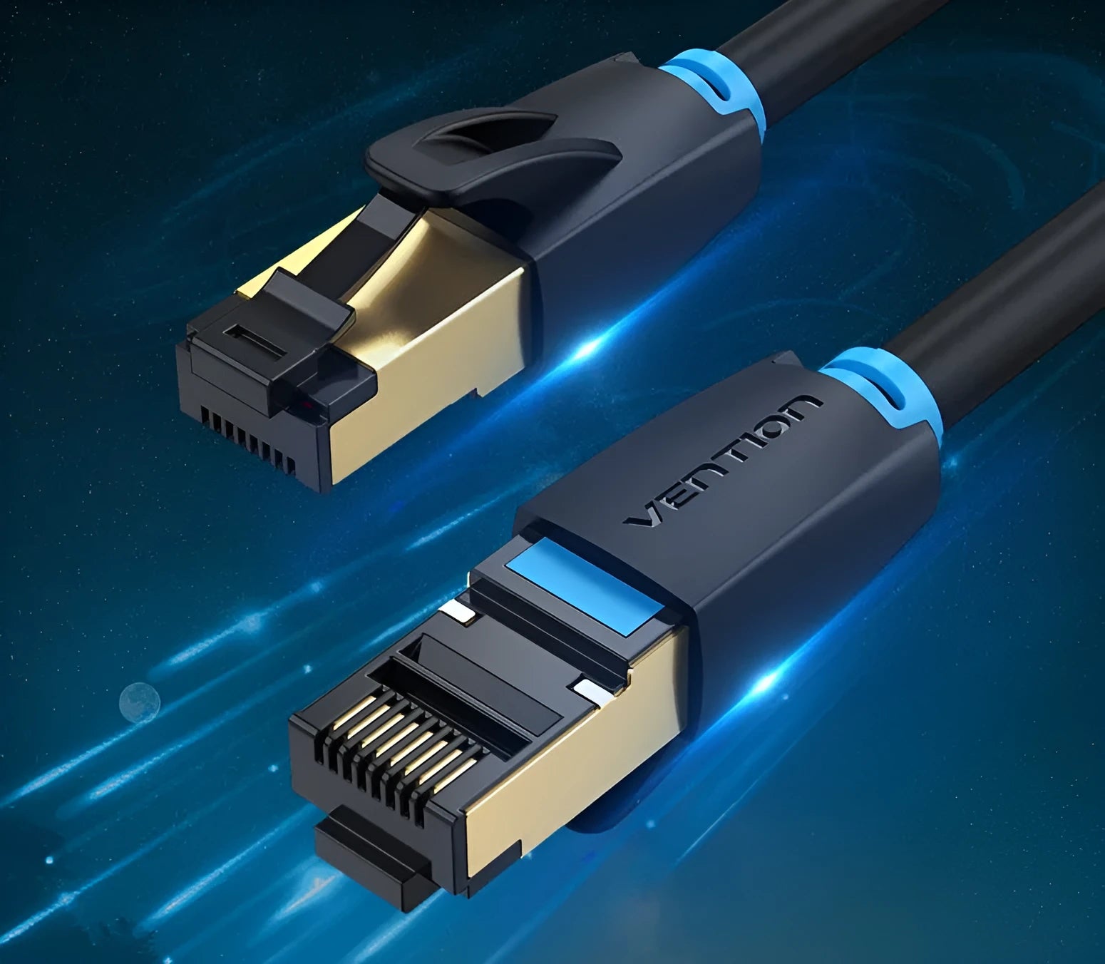 Shielded Cat8 Ethernet network cable with RJ45 connectors in flat and round style options.