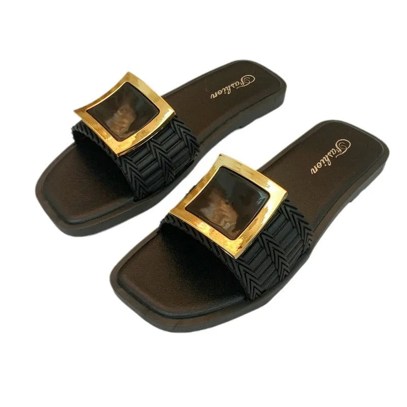 Women's casual flat slippers in apricot, black and khaki colours with PVC soles