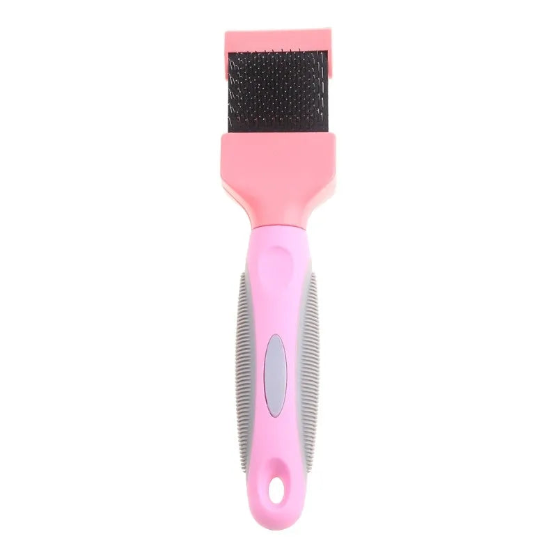 Blue double-sided dog grooming brush with stainless steel pins and ergonomic non-slip handle on a white background.
