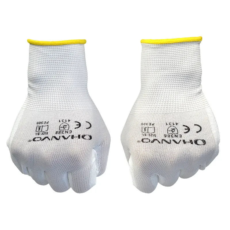 White PU coated labour gloves showing wear-resistant palm and breathable back, sizes M and L.