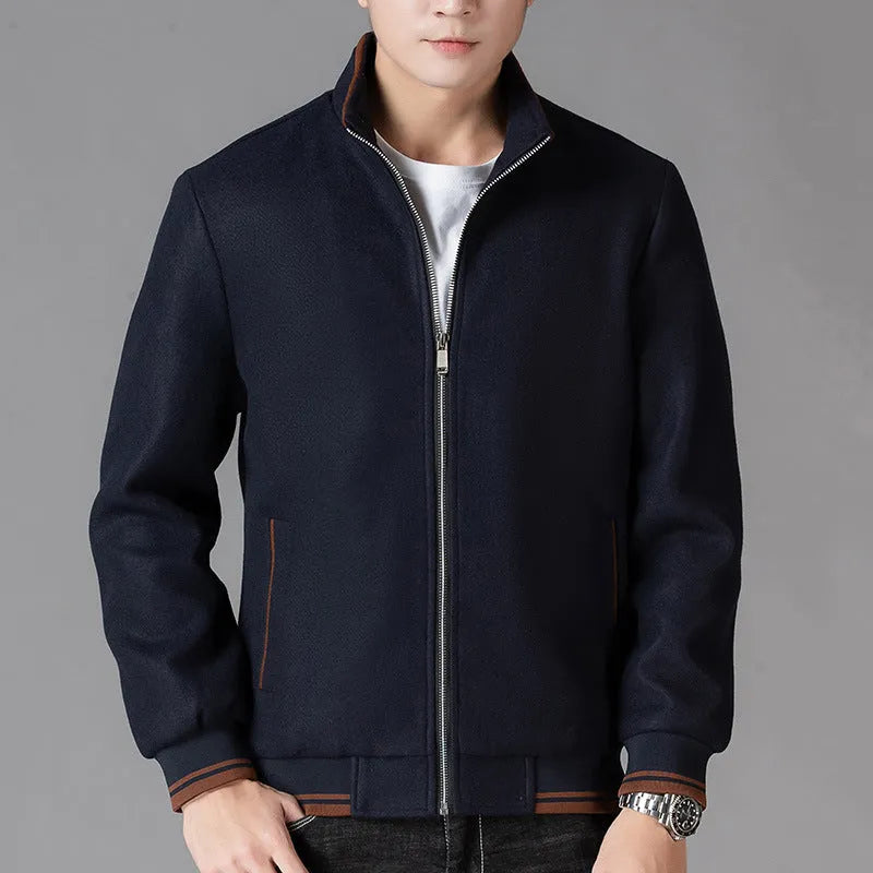 Men's grey sport-style fleece jacket with side pockets, shown on a hanger.