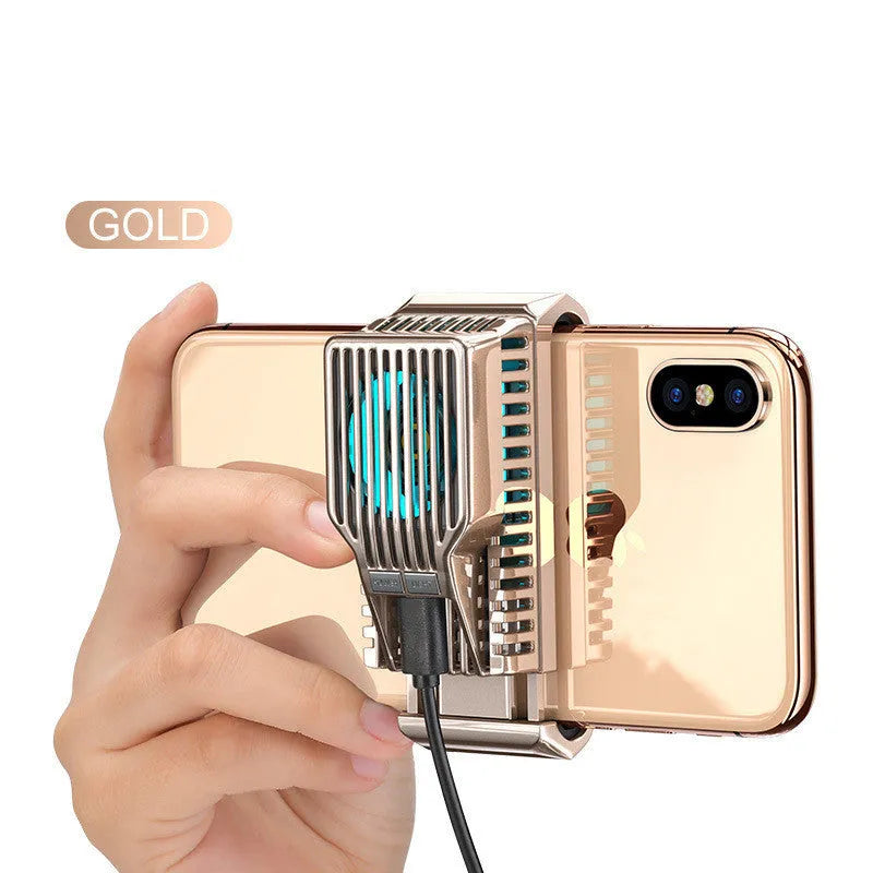 Black mobile phone radiator clip cooler with aluminium heatsink attached to smartphone