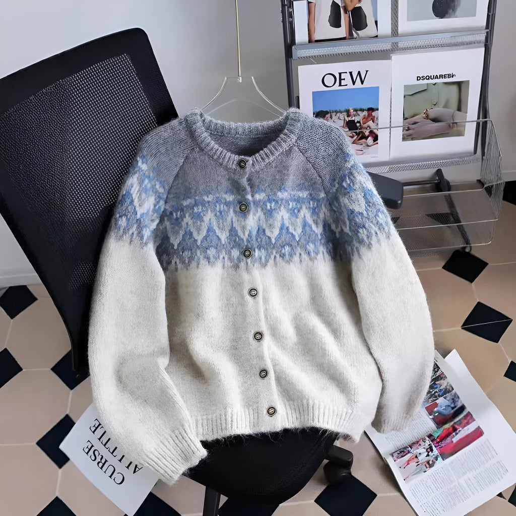 Women's loose-fit jacquard knit sweater coat in beige, shown with long sleeves.