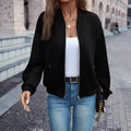 Black women's long sleeve zip jacket with faux pockets in a casual Korean style.