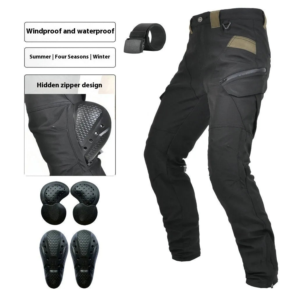 Men's black waterproof motorcycle trousers with protective gear set for cycling