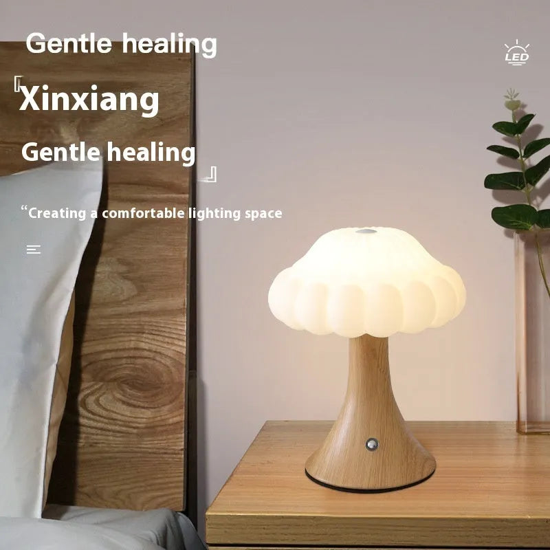 Mushroom-shaped decorative touch control night lamp with rechargeable battery in wood grain colour