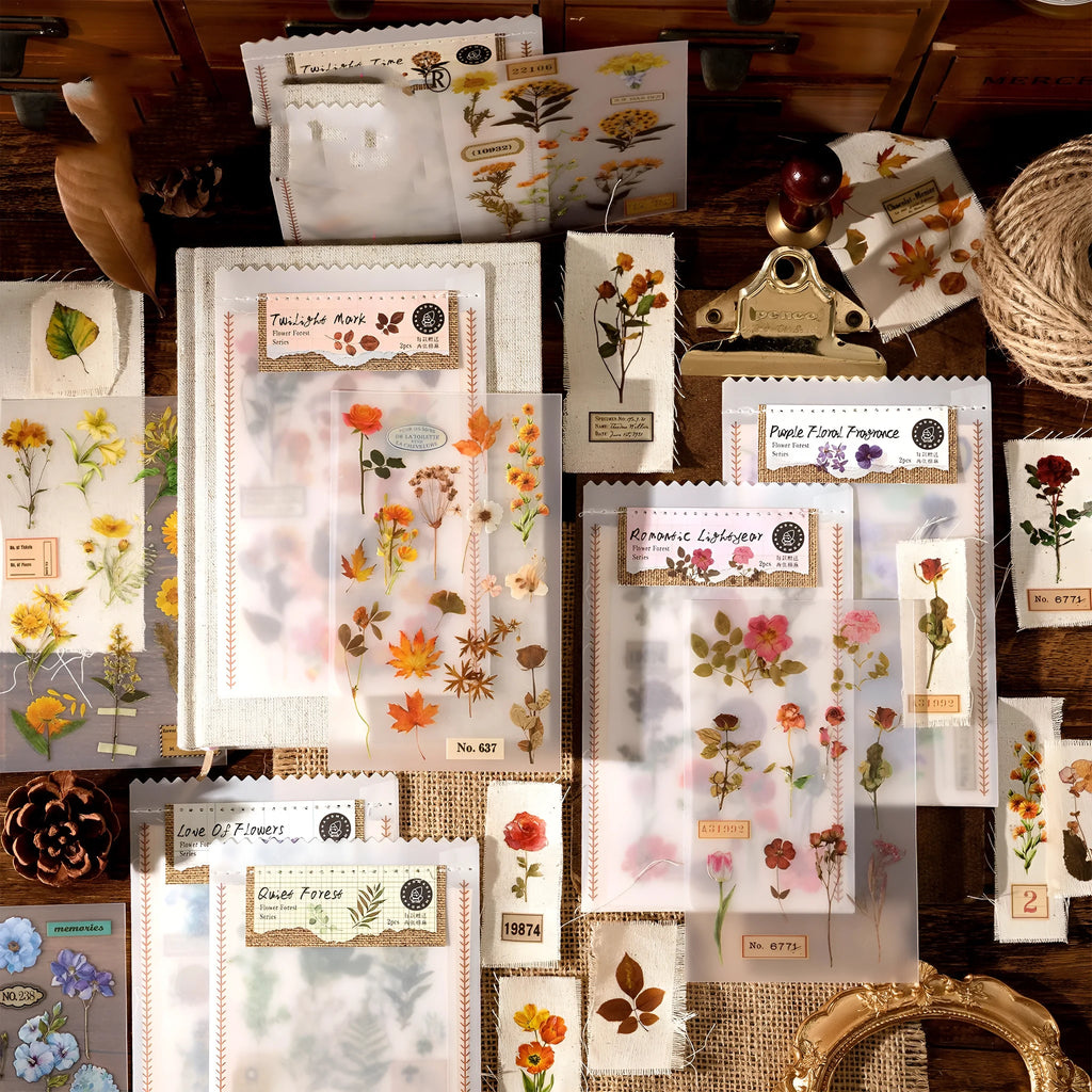 Huazhisen Series sticker pack showing forest label designs on transfer paper and cotton linen sheets