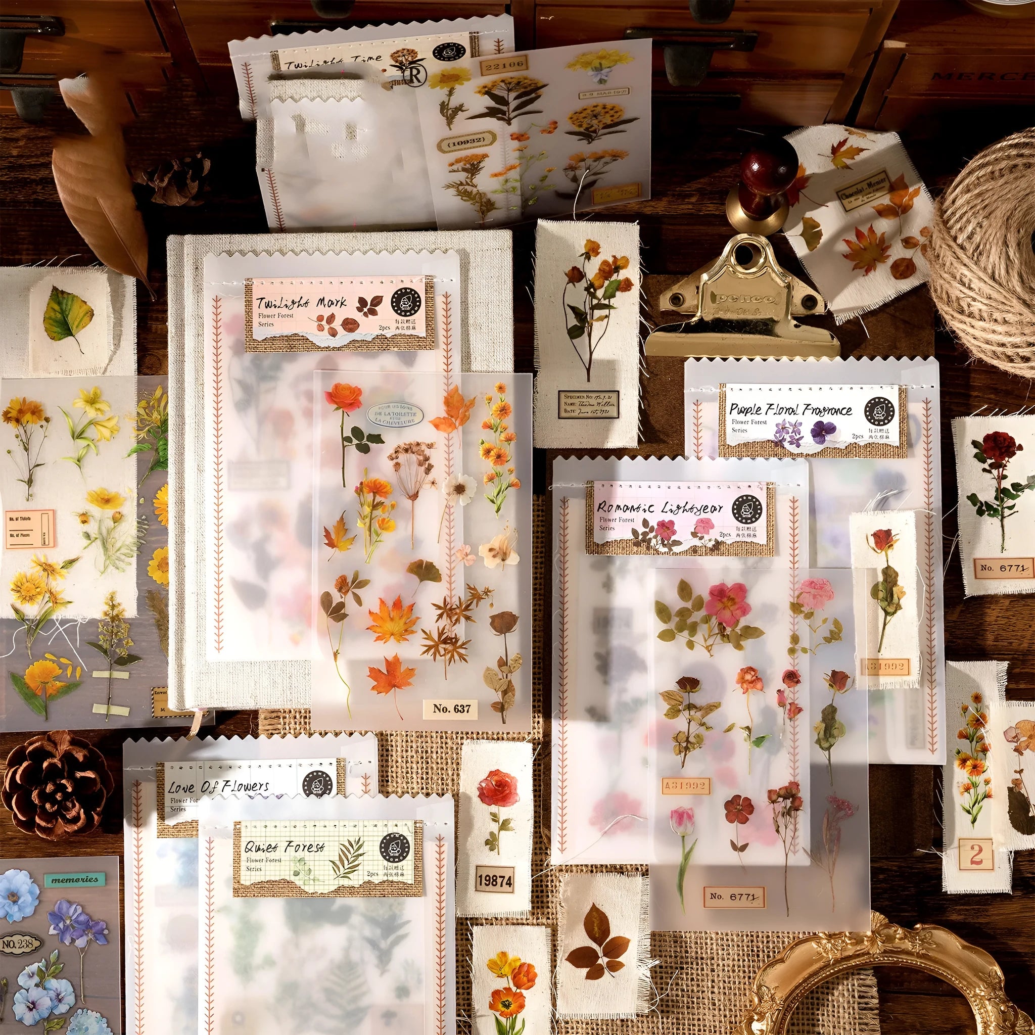 Huazhisen Series sticker pack showing forest label designs on transfer paper and cotton linen sheets