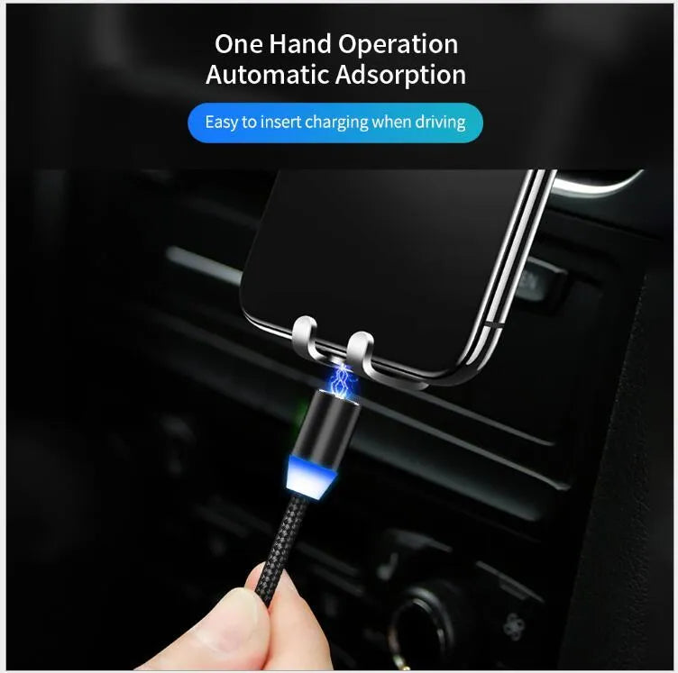 YBD black braided magnetic charging cable with LED light showing Lightning, Micro-USB, and Type-C magnetic tips