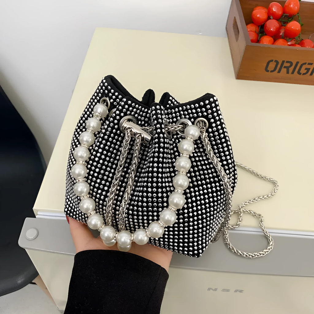 Diamond detailed PU leather crossbody bag with chain strap in bucket shape design