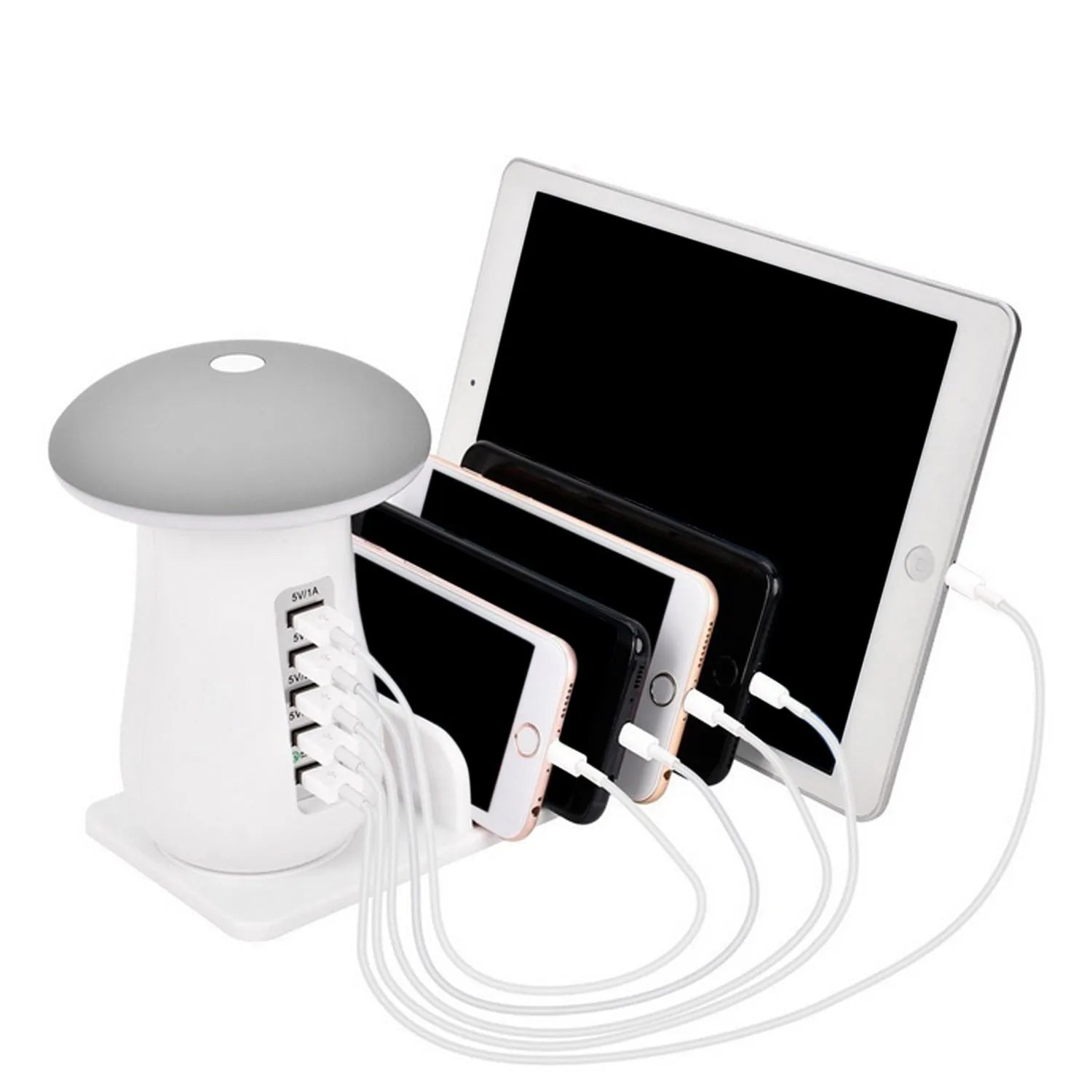 White USB charging dock station with 5 ports and a mushroom-shaped LED night lamp on a desk
