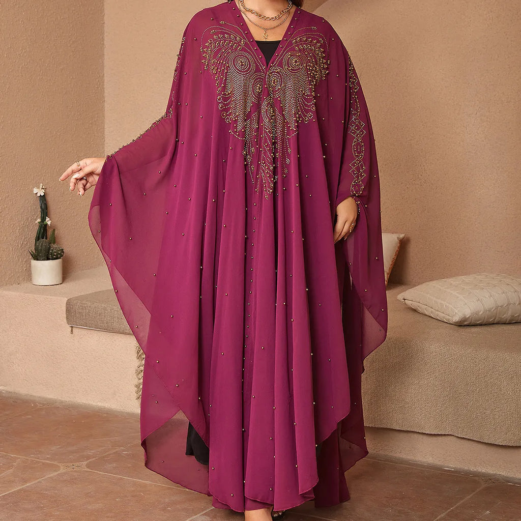 Purple chiffon Muslim-style shawl with rhinestone beading at 175cm length