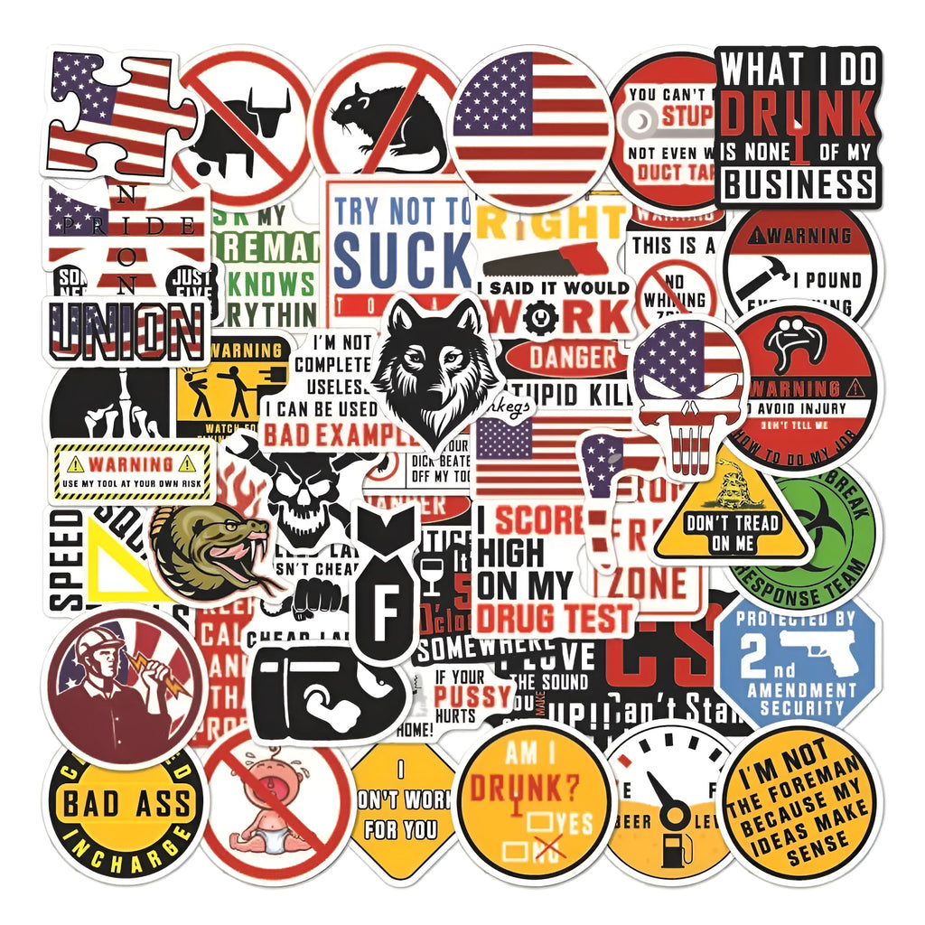 Waterproof warning stickers for motorcycle helmets with graffiti-style slogans on bright PVC material