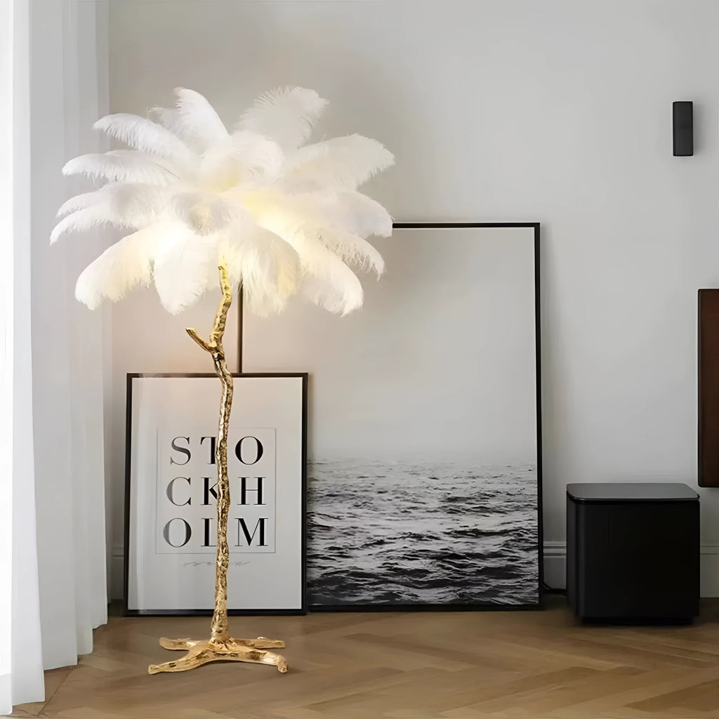 Tall decorative resin floor lamp with feather details in choice of dark green, pink, or white colours