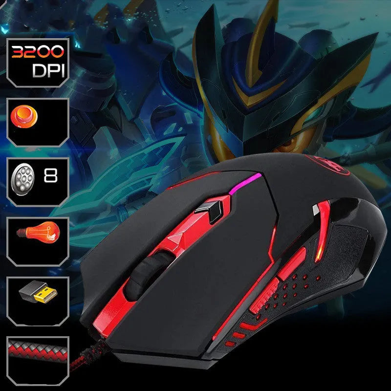 Black and red wired USB optical computer mouse with six buttons on a desk.