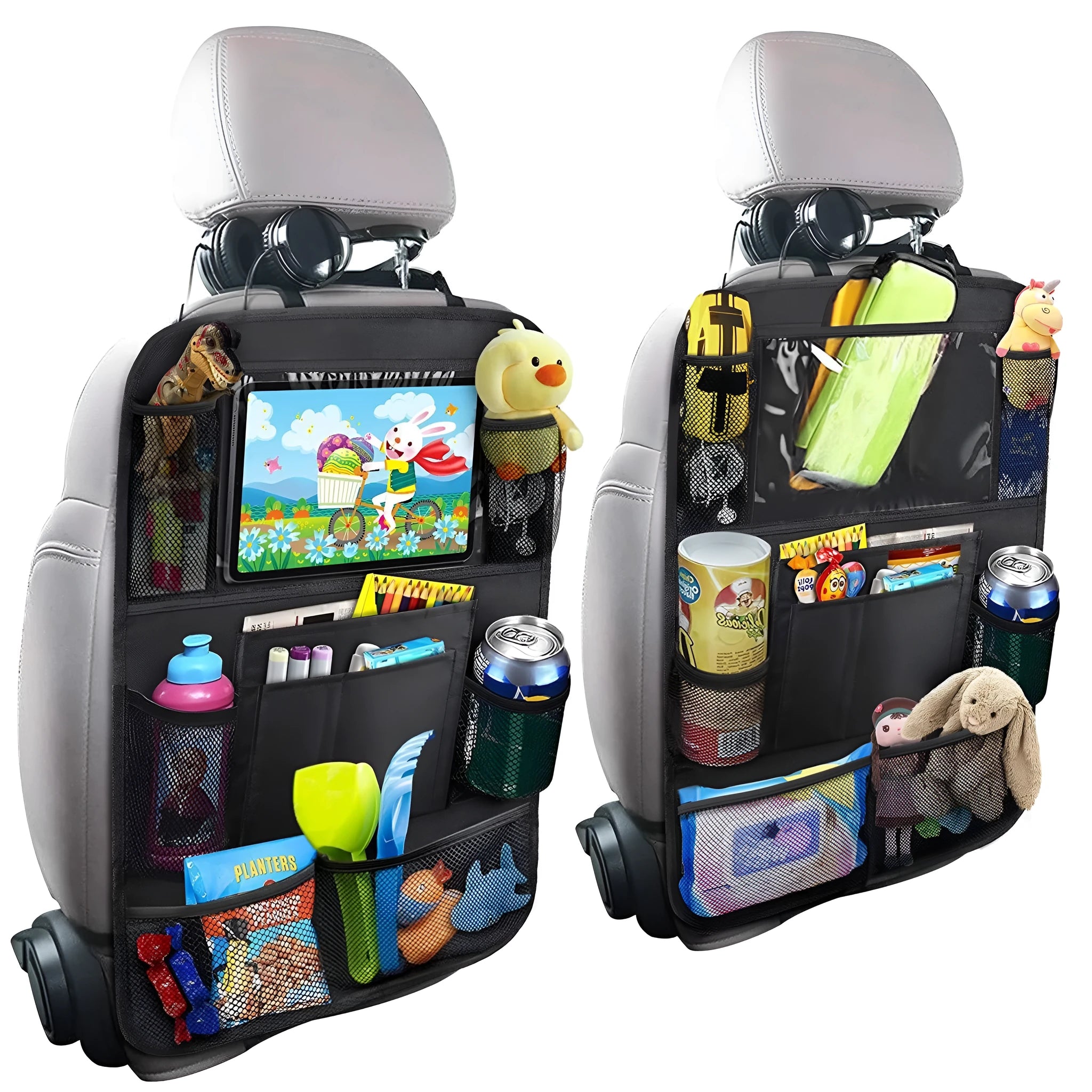 Black car seat back storage pouch with 9 storage bags and transparent iPad touch screen pocket hanging on a car seat back
