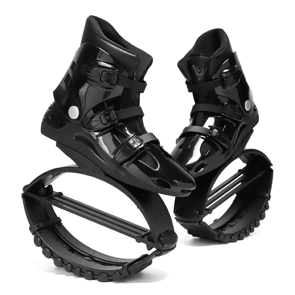 TPU bouncing shoes for sports in colours like black silver, green black, and rose pink.