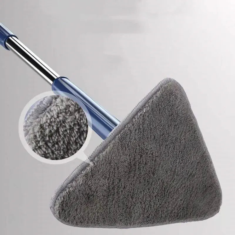 Extendable triangle mop with rotating blue head and stainless steel pole for cleaning corners and walls