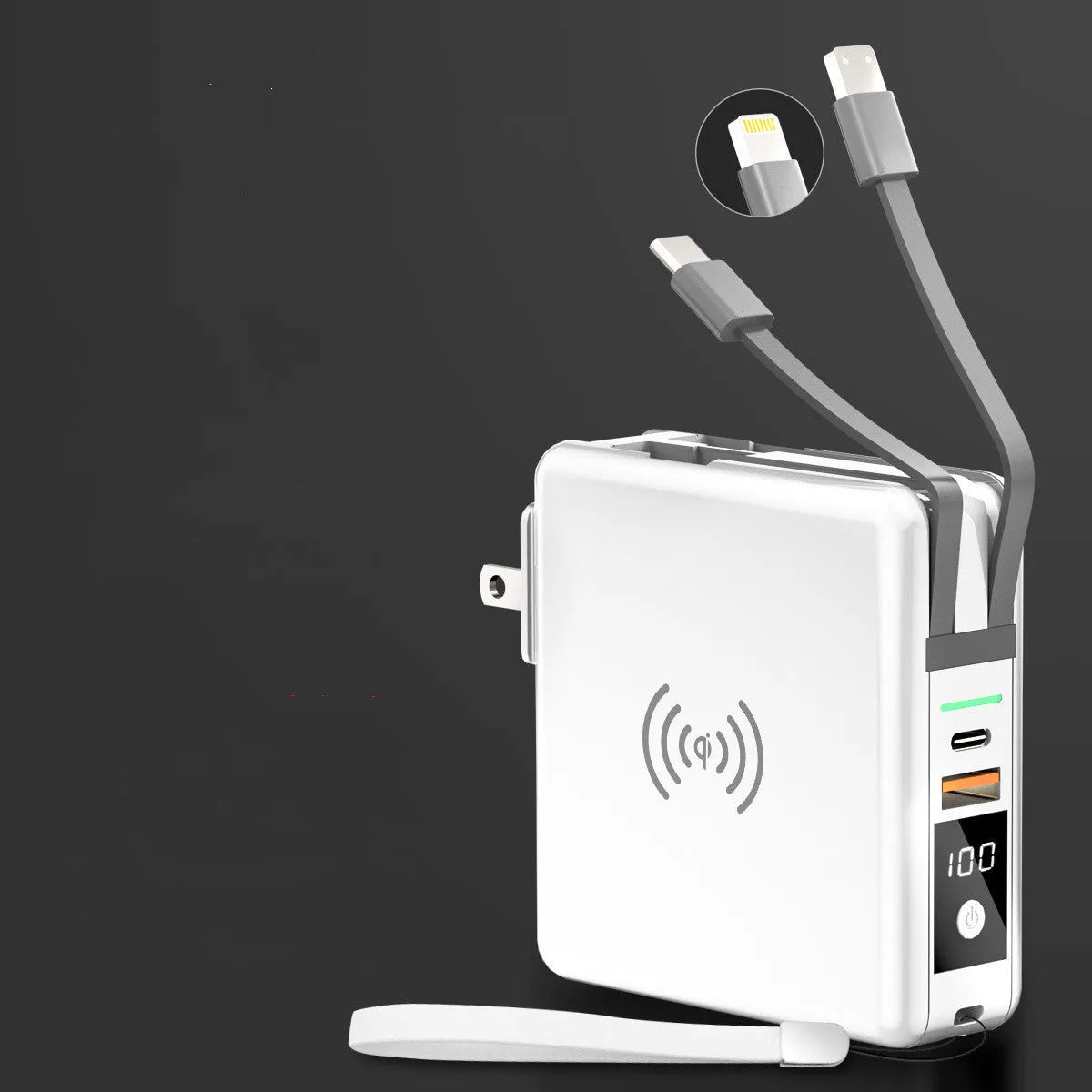 Black and white PD20W fast charging power bank with wireless capability and integrated plug