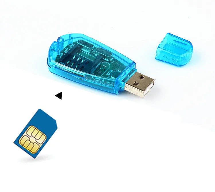 Blue USB 2.0 SIM card reader for mobile phone contact backup and SMS editing