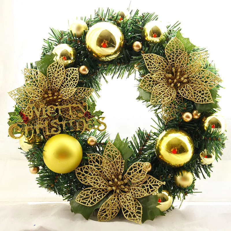 Multicolour plastic Christmas wreath with a 30cm diameter, hung on a door.