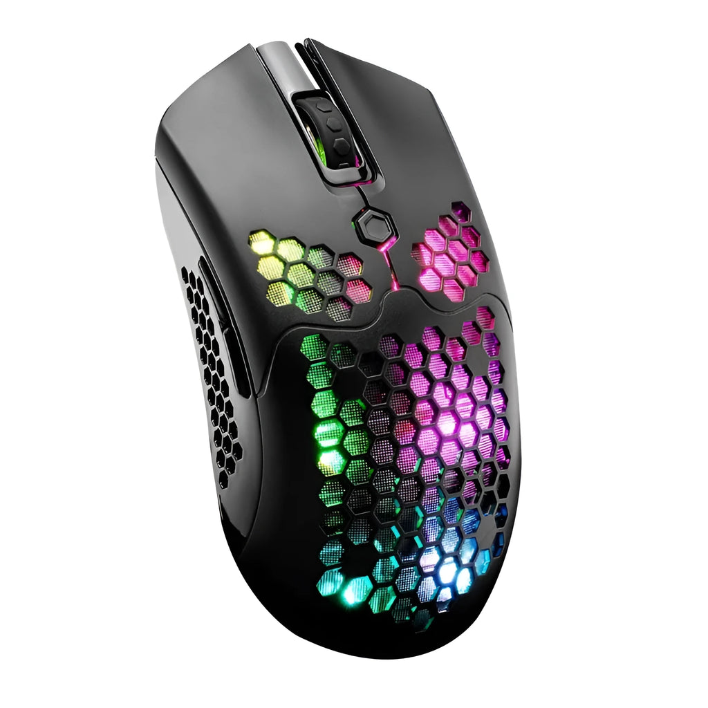 Free Wolf X2 wireless RGB gaming mouse with honeycomb shell in yellow colour on a desk.