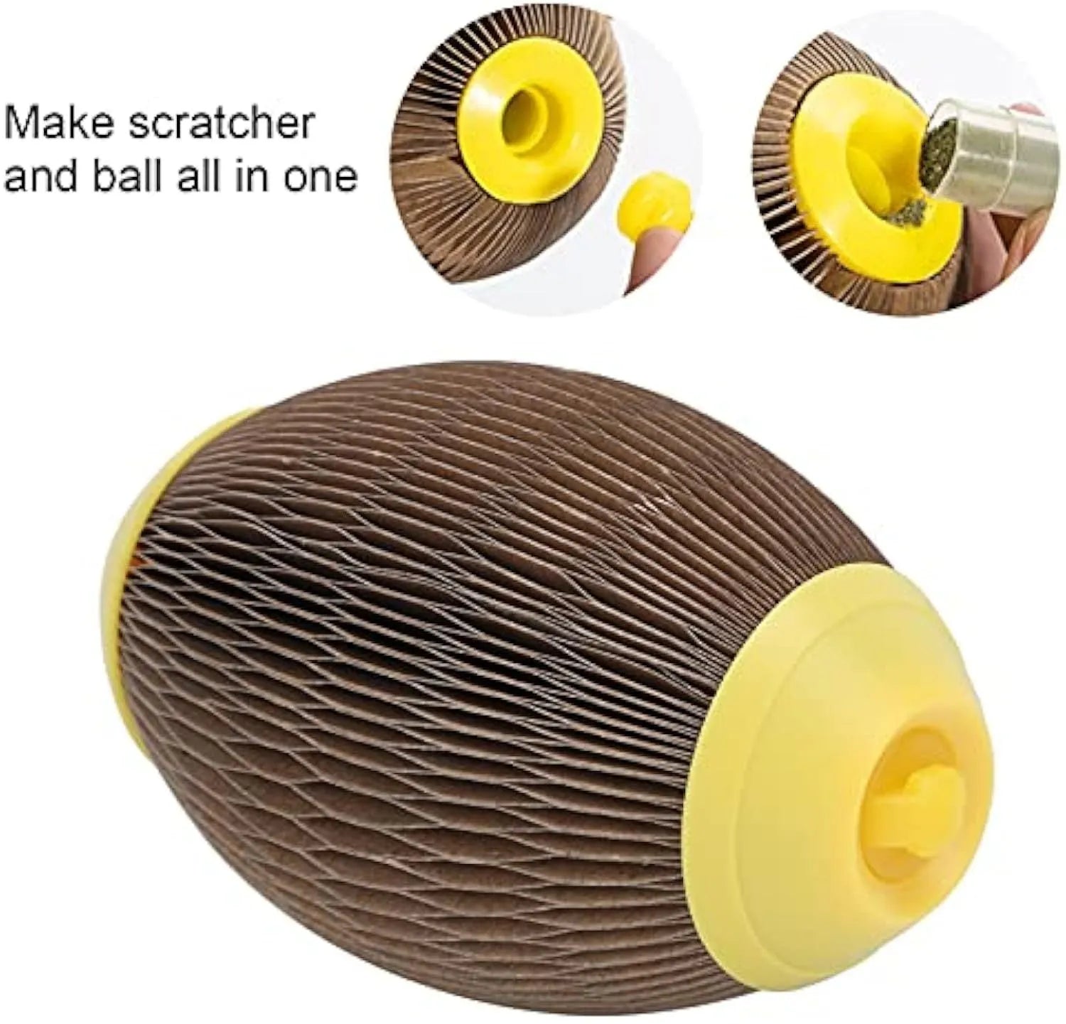 Ellipse-shaped catnip scratch ball made from brown recycled corrugated paper, shown with a pull-open cover.