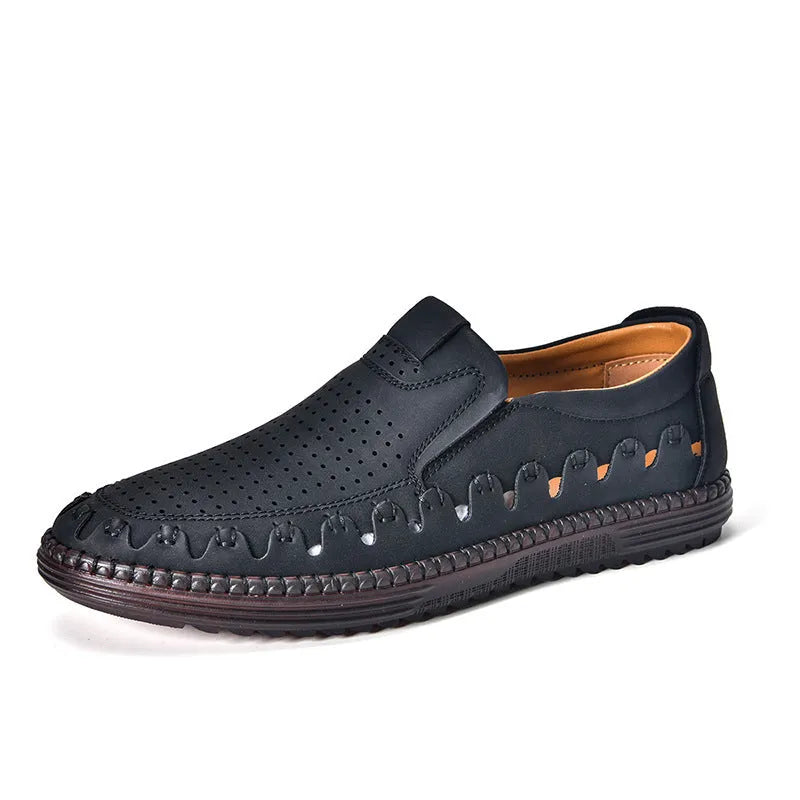 Men's brown handmade PU leather slip-on casual shoes with flat heel and round toe cap.