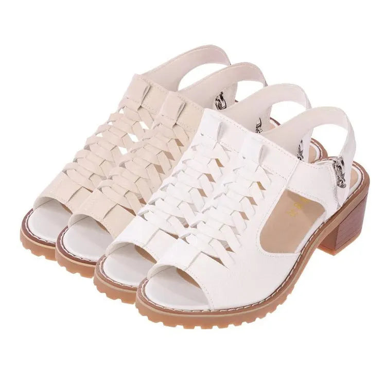 Women's retro sandals in creamy white with a side zipper and mid heel.
