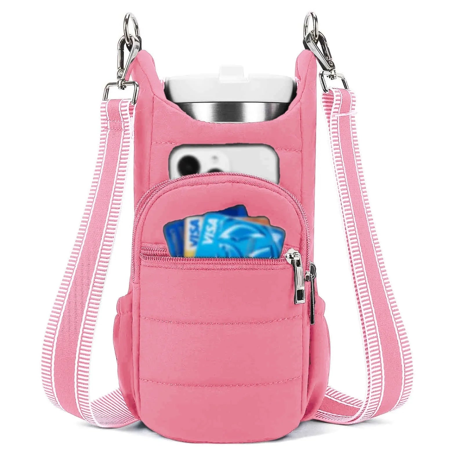 Cloth water bottle bag mounted on bicycle handlebars in beige colour