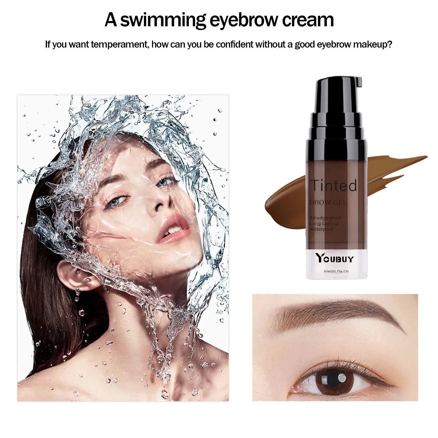 Waterproof quick-drying eyebrow cream in brown and black shades with dark grey and golden yellow options