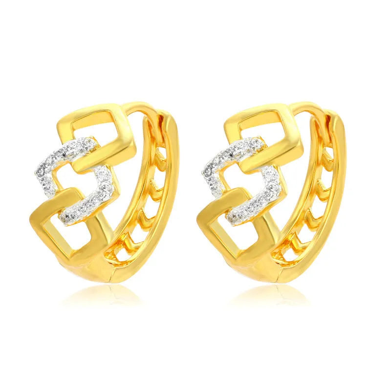 Geometric hollow-out gold electroplated ear clip earrings showing colour separation detail